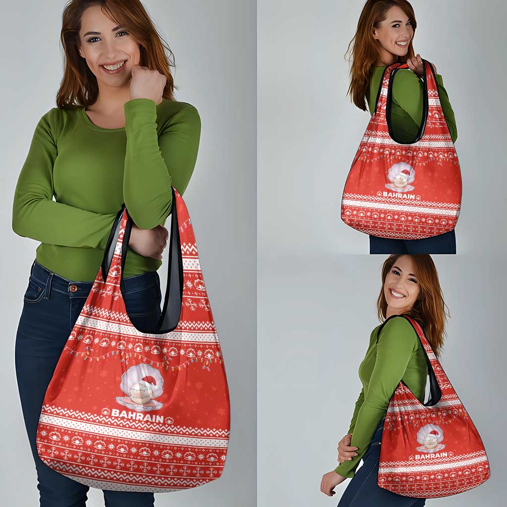 Bahrain Christmas Grocery Bag with Pearl Shell Design Red Snowflake Pattern and Holiday Lights - Wonder Print Shop