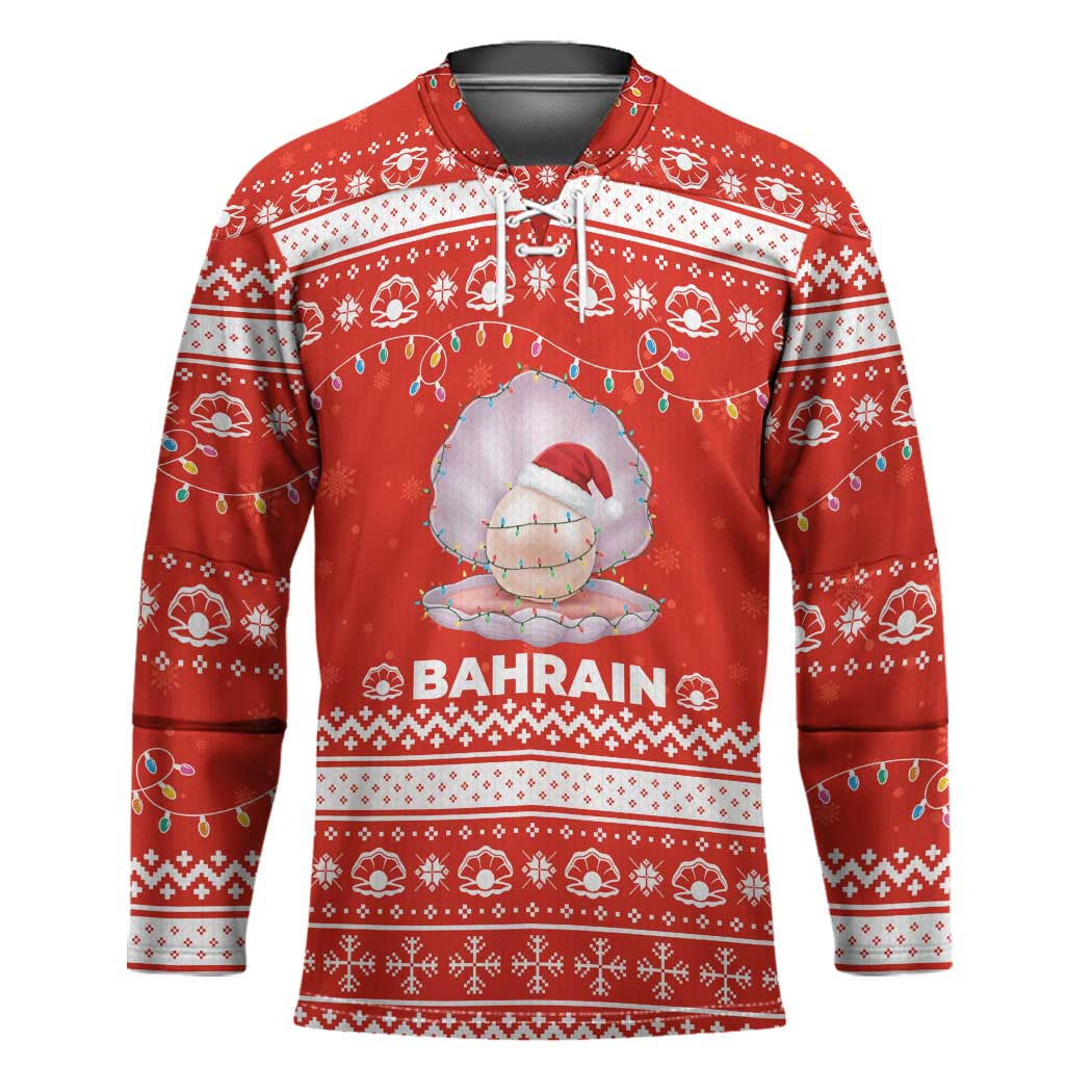 Bahrain Christmas Hockey Jersey with Pearl Shell Design Red Snowflake Pattern and Holiday Lights - Wonder Print Shop