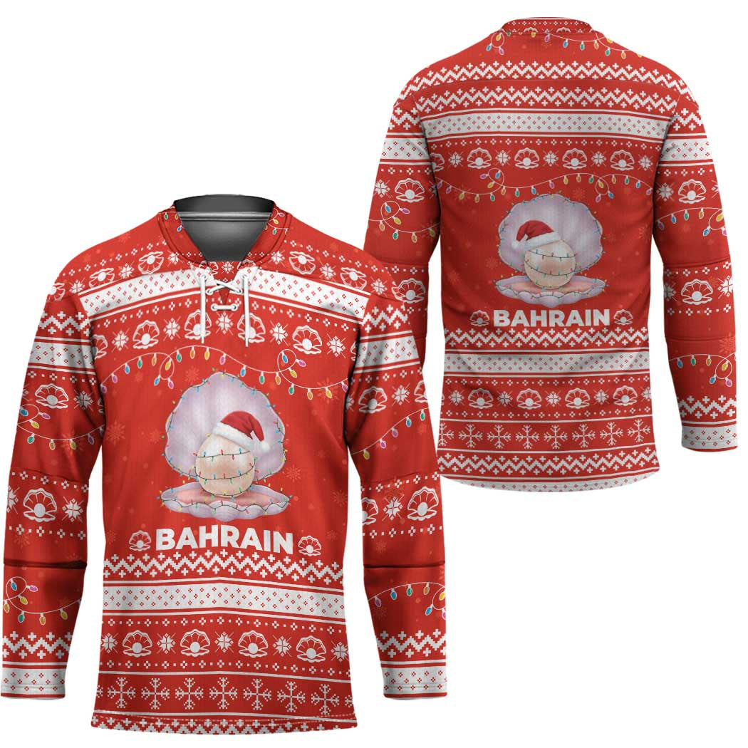 Bahrain Christmas Hockey Jersey with Pearl Shell Design Red Snowflake Pattern and Holiday Lights - Wonder Print Shop