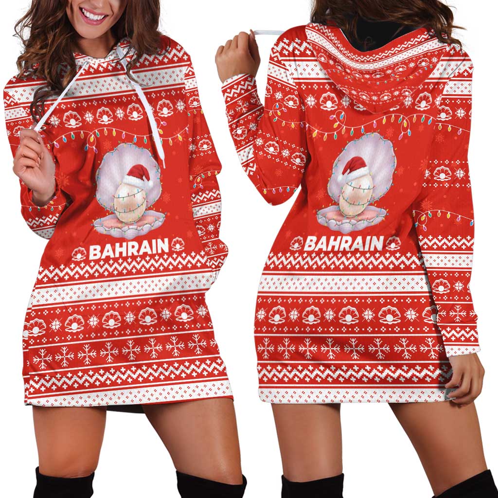 Bahrain Christmas Hoodie Dress with Pearl Shell Design Red Snowflake Pattern and Holiday Lights - Wonder Print Shop
