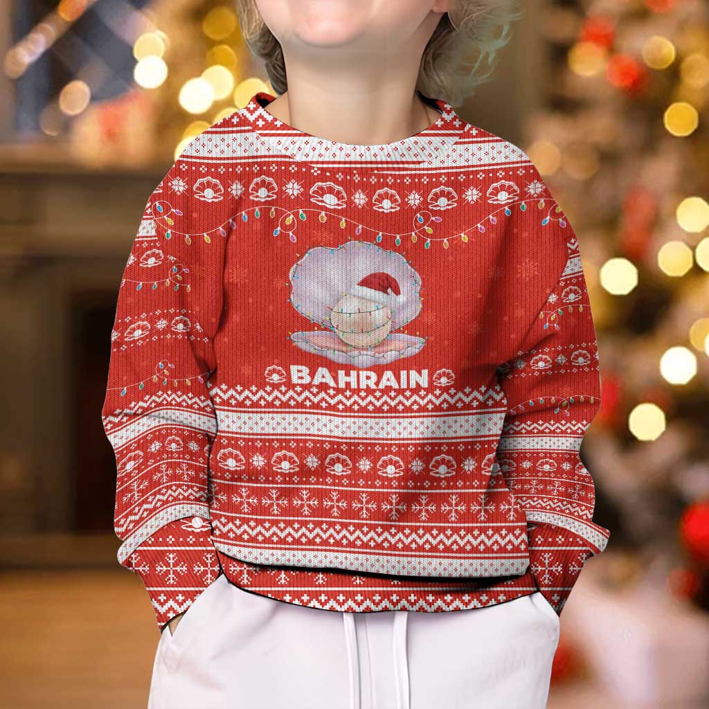 Bahrain Christmas Kid Ugly Christmas Sweater with Pearl Shell Design Red Snowflake Pattern and Holiday Lights - Wonder Print Shop