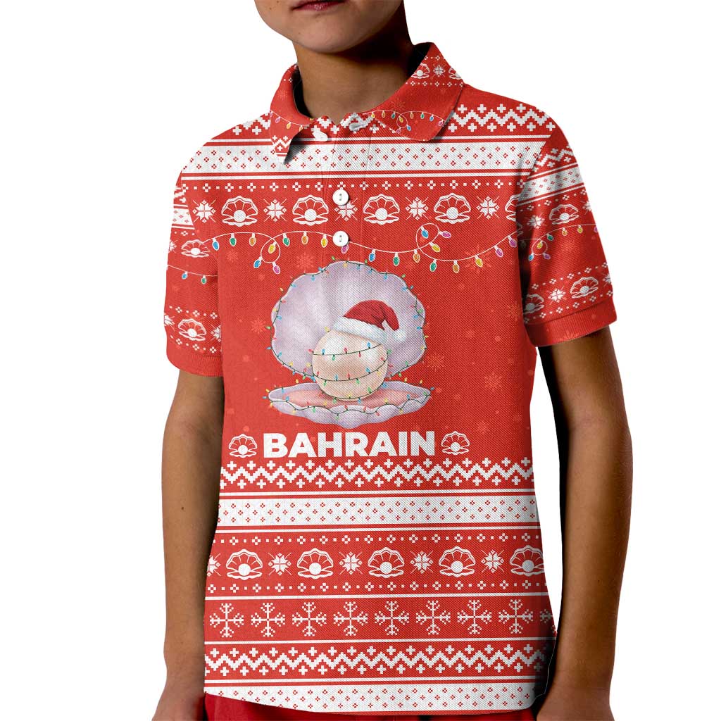 Bahrain Christmas Kid Polo Shirt with Pearl Shell Design Red Snowflake Pattern and Holiday Lights - Wonder Print Shop