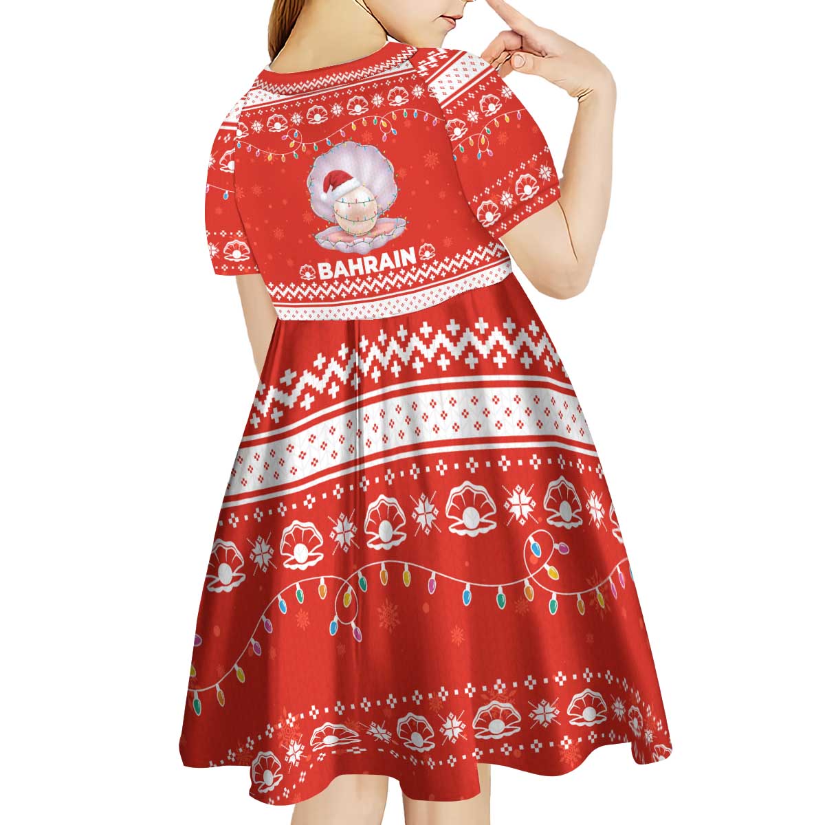 Bahrain Christmas Kid Short Sleeve Dress with Pearl Shell Design Red Snowflake Pattern and Holiday Lights - Wonder Print Shop