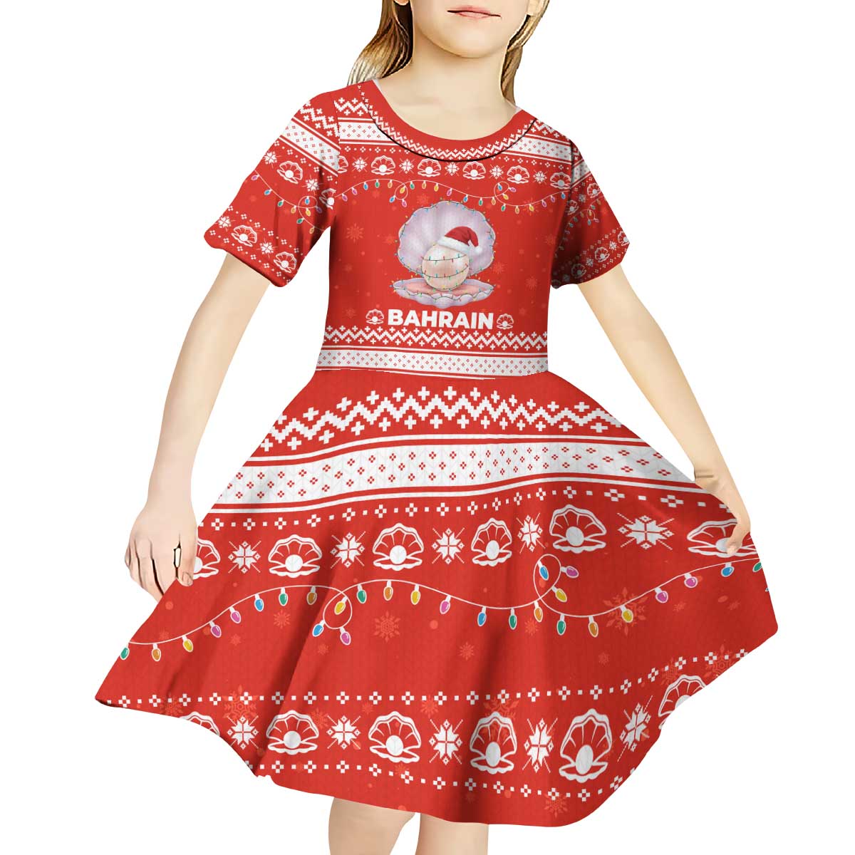Bahrain Christmas Kid Short Sleeve Dress with Pearl Shell Design Red Snowflake Pattern and Holiday Lights - Wonder Print Shop