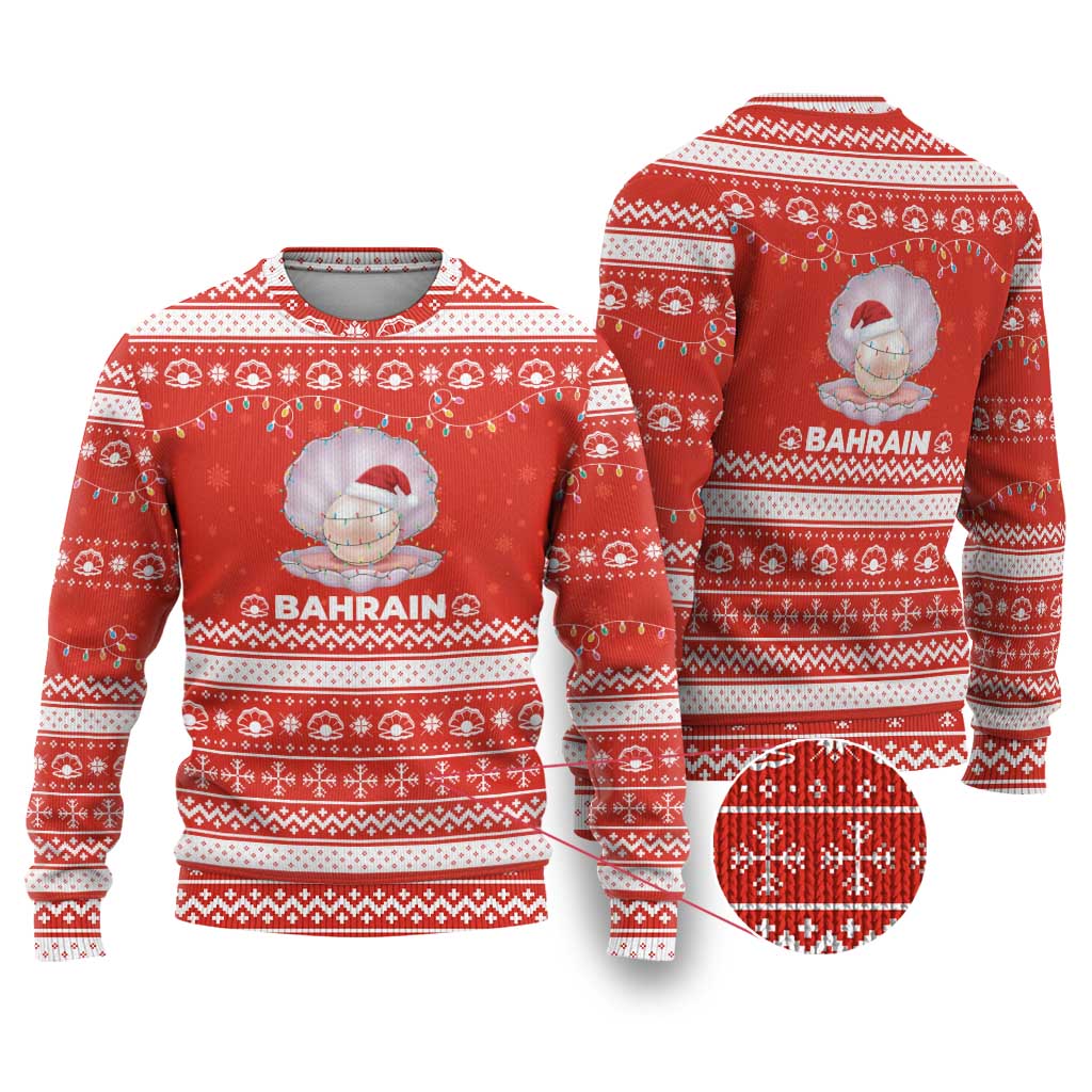 Bahrain Christmas Ugly Christmas Sweater with Pearl Shell Design Red Snowflake Pattern and Holiday Lights - Wonder Print Shop