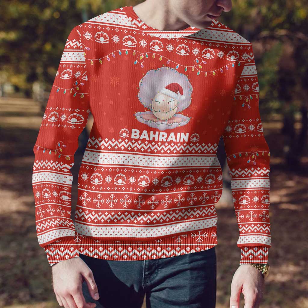 Bahrain Christmas Ugly Christmas Sweater with Pearl Shell Design Red Snowflake Pattern and Holiday Lights - Wonder Print Shop