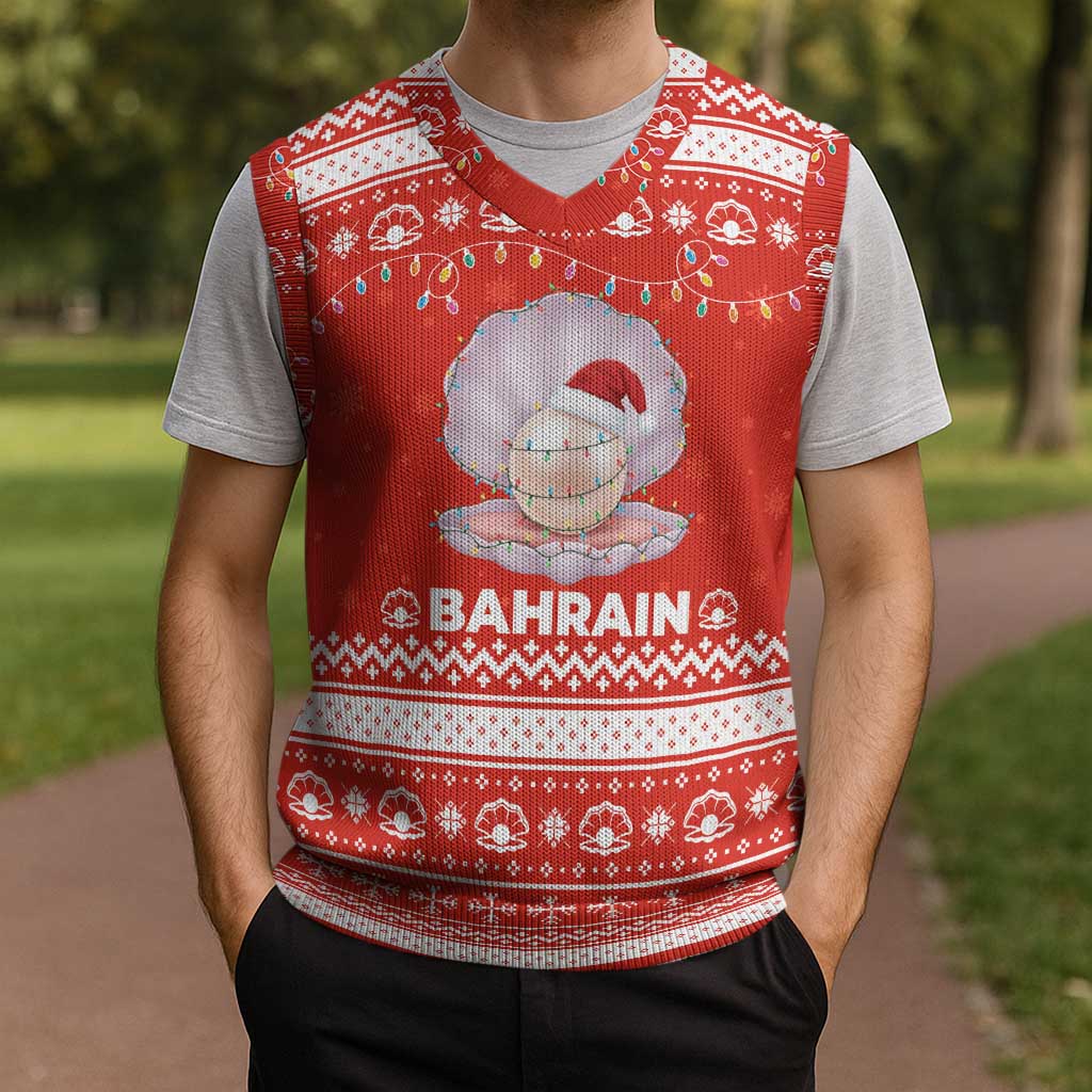 Bahrain Christmas Knitted V-Neck Vest with Pearl Shell Design Red Snowflake Pattern and Holiday Lights - Wonder Print Shop