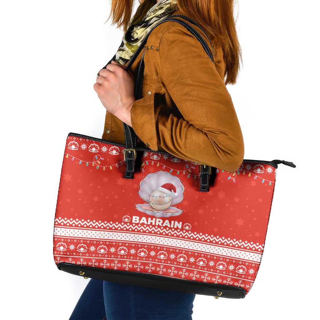 Bahrain Christmas Leather Tote Bag with Pearl Shell Design Red Snowflake Pattern and Holiday Lights - Wonder Print Shop