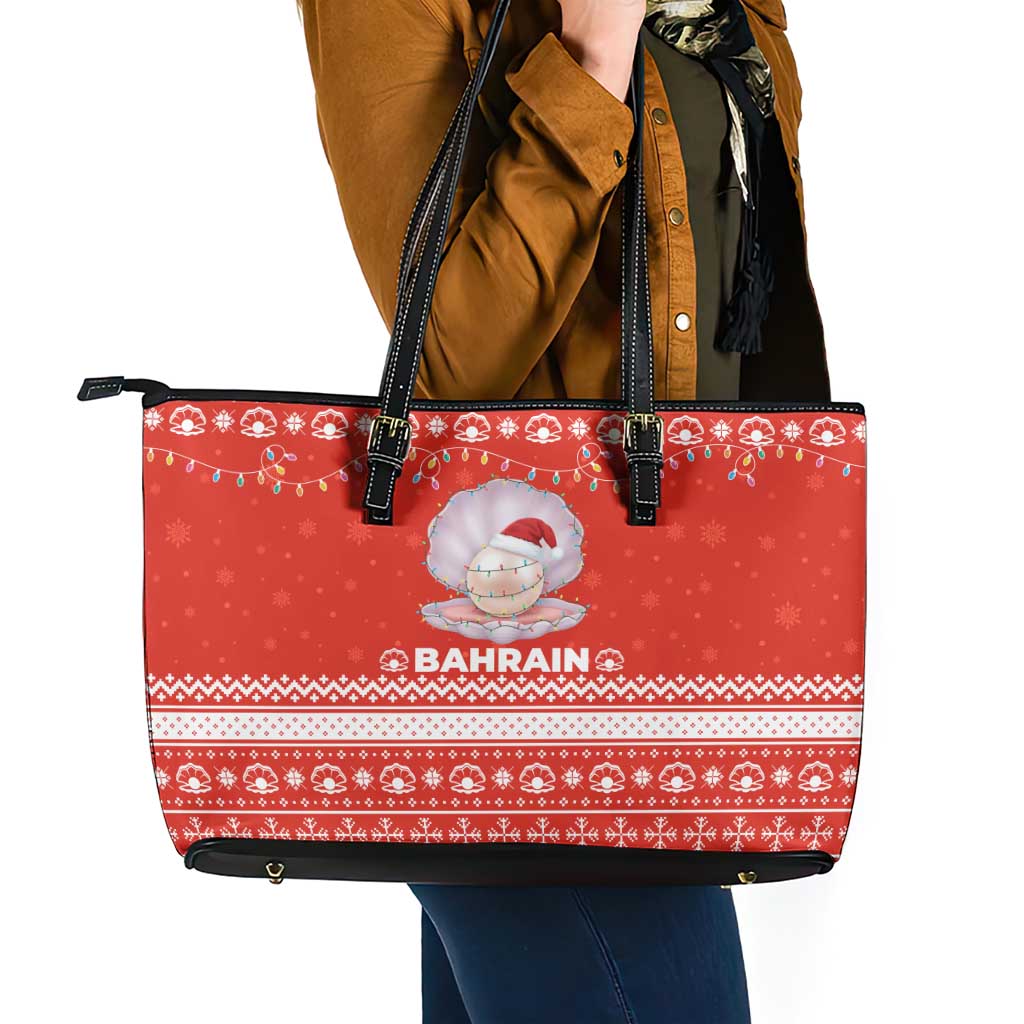 Bahrain Christmas Leather Tote Bag with Pearl Shell Design Red Snowflake Pattern and Holiday Lights - Wonder Print Shop