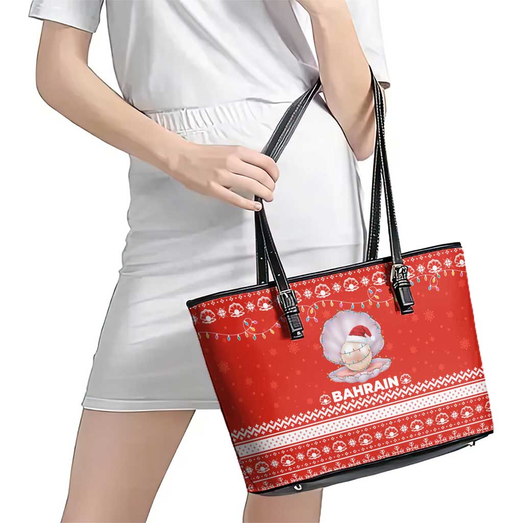 Bahrain Christmas Leather Tote Bag with Pearl Shell Design Red Snowflake Pattern and Holiday Lights - Wonder Print Shop