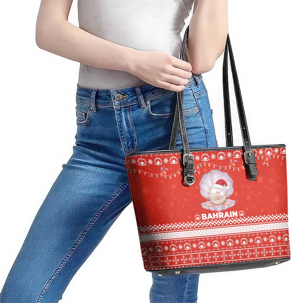 Bahrain Christmas Leather Tote Bag with Pearl Shell Design Red Snowflake Pattern and Holiday Lights - Wonder Print Shop