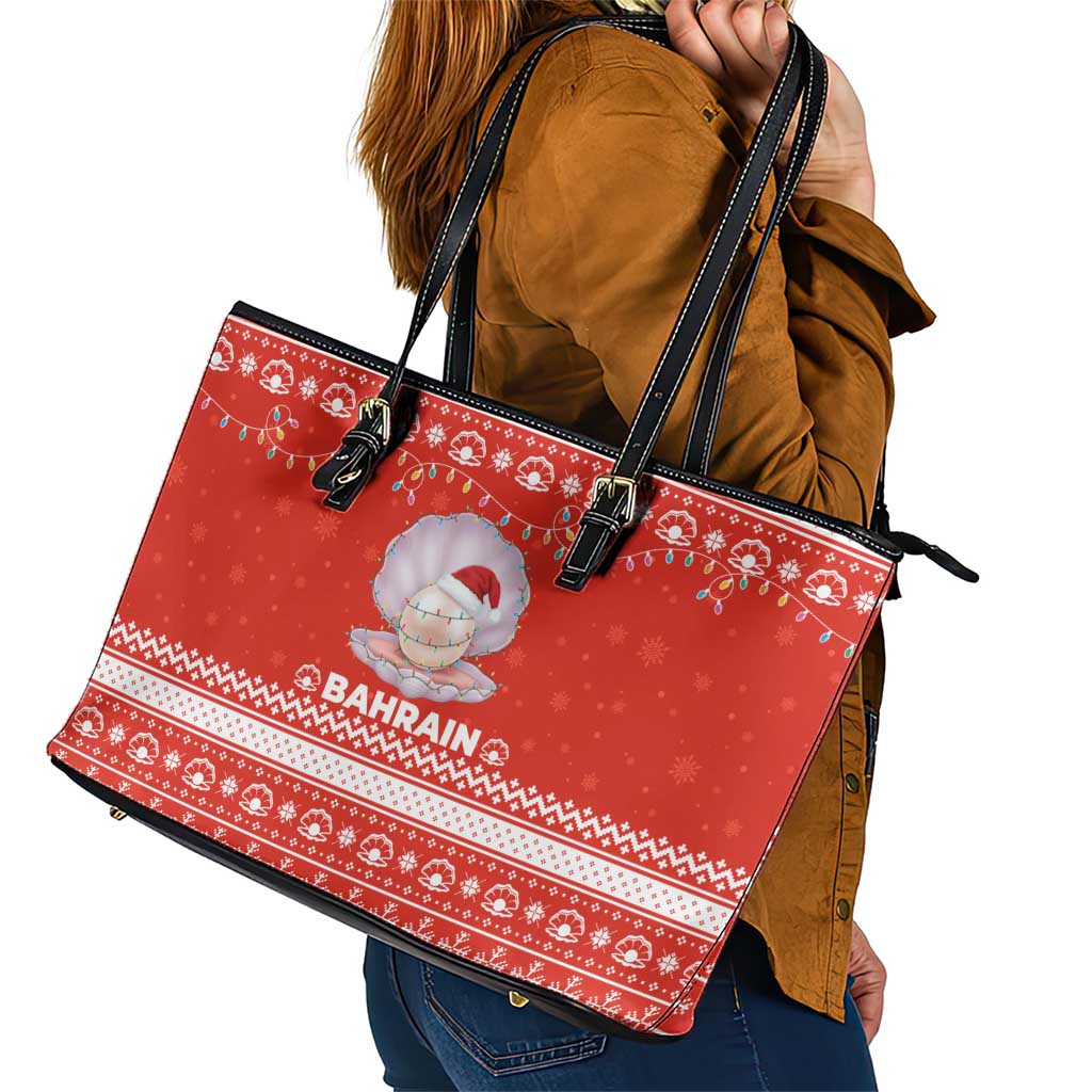 Bahrain Christmas Leather Tote Bag with Pearl Shell Design Red Snowflake Pattern and Holiday Lights - Wonder Print Shop
