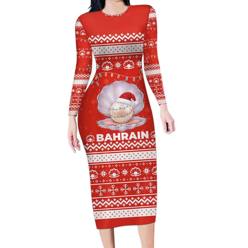 Bahrain Christmas Long Sleeve Bodycon Dress with Pearl Shell Design Red Snowflake Pattern and Holiday Lights - Wonder Print Shop