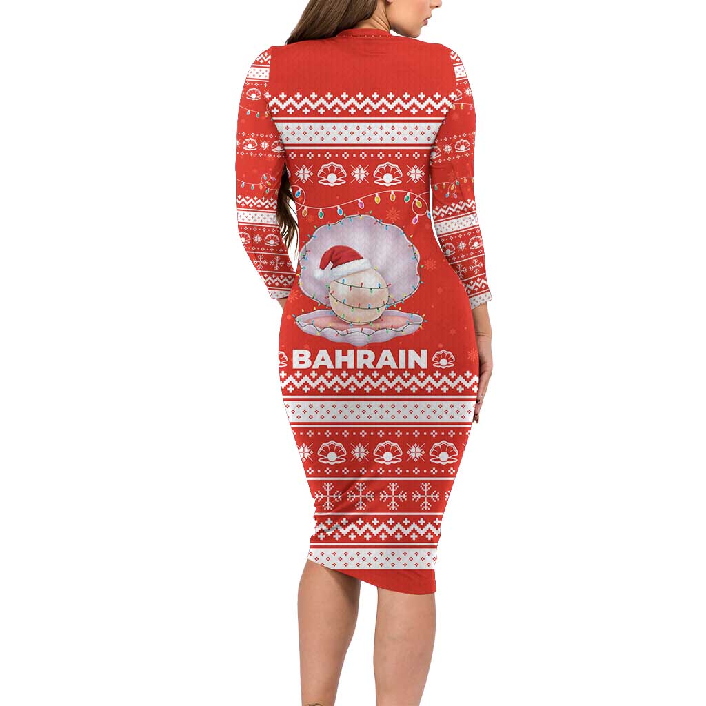 Bahrain Christmas Long Sleeve Bodycon Dress with Pearl Shell Design Red Snowflake Pattern and Holiday Lights - Wonder Print Shop