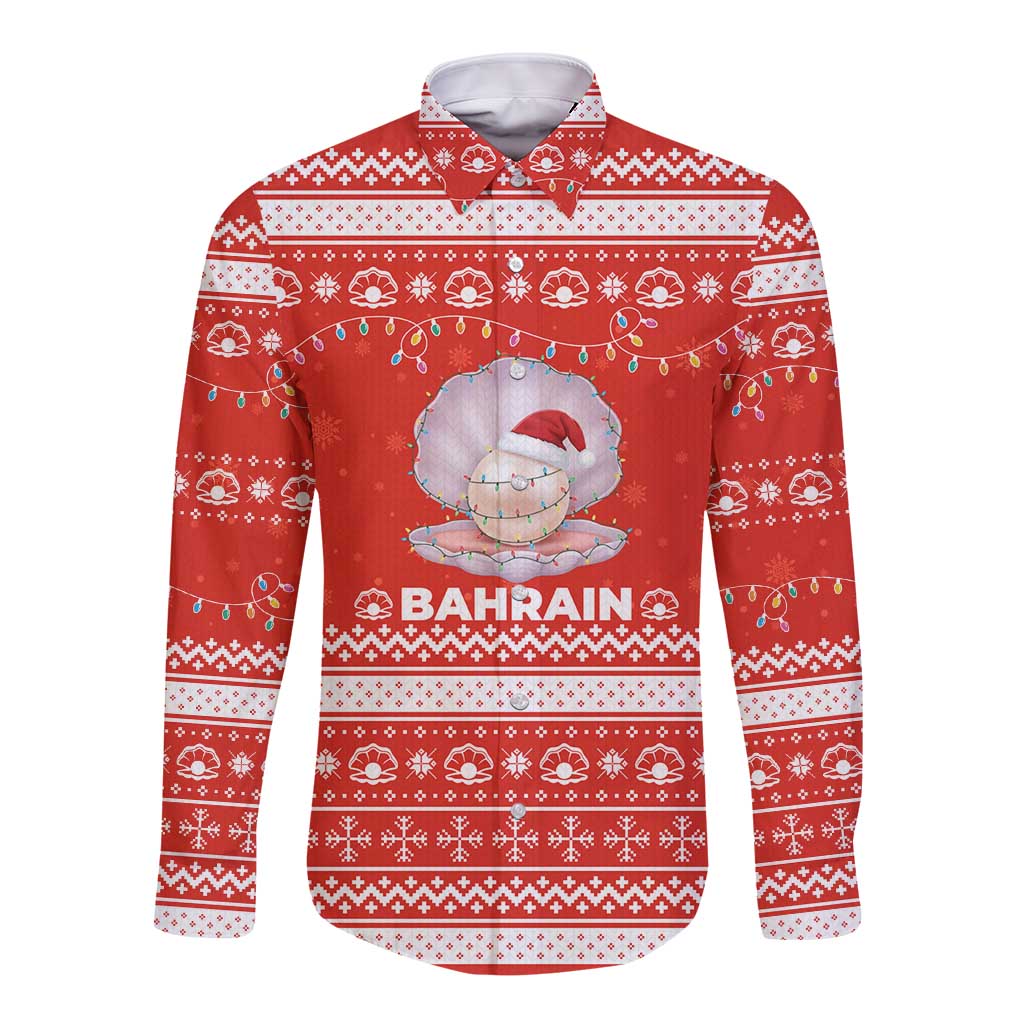 Bahrain Christmas Long Sleeve Button Shirt with Pearl Shell Design Red Snowflake Pattern and Holiday Lights - Wonder Print Shop