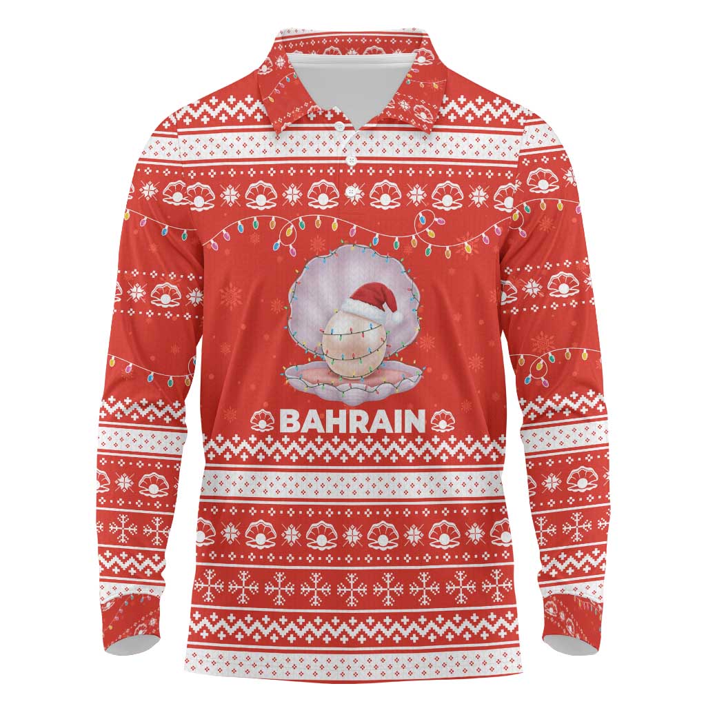 Bahrain Christmas Long Sleeve Polo Shirt with Pearl Shell Design Red Snowflake Pattern and Holiday Lights - Wonder Print Shop