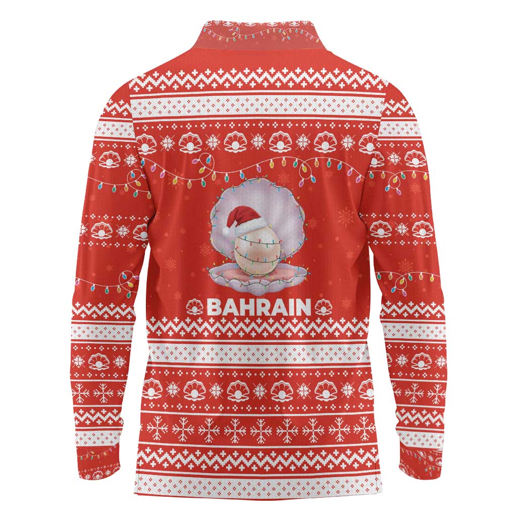 Bahrain Christmas Long Sleeve Polo Shirt with Pearl Shell Design Red Snowflake Pattern and Holiday Lights - Wonder Print Shop