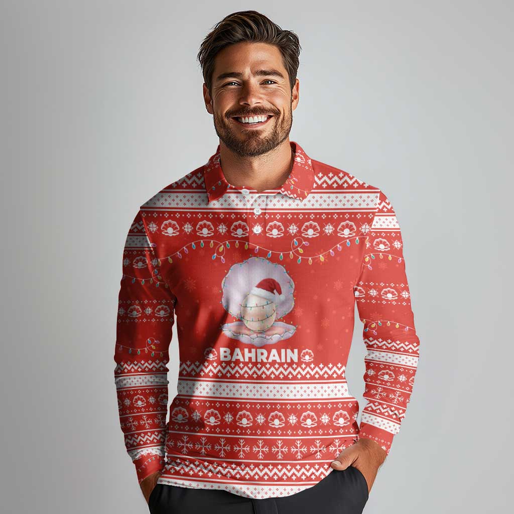 Bahrain Christmas Long Sleeve Polo Shirt with Pearl Shell Design Red Snowflake Pattern and Holiday Lights - Wonder Print Shop