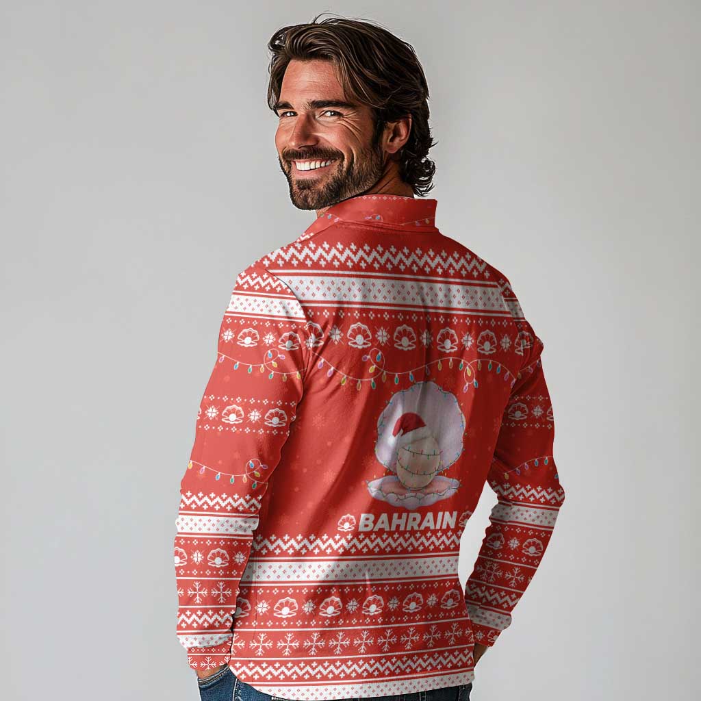 Bahrain Christmas Long Sleeve Polo Shirt with Pearl Shell Design Red Snowflake Pattern and Holiday Lights - Wonder Print Shop