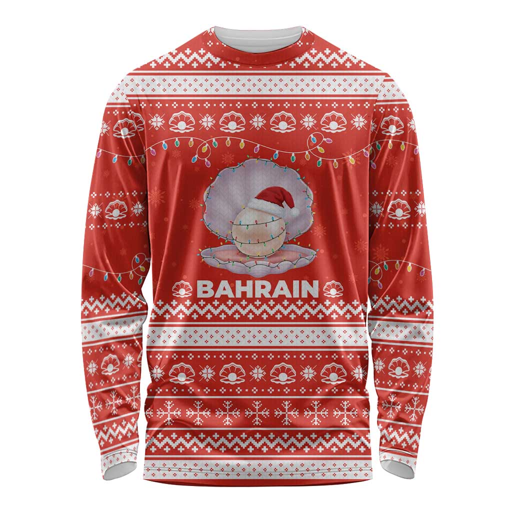 Bahrain Christmas Long Sleeve Shirt with Pearl Shell Design Red Snowflake Pattern and Holiday Lights - Wonder Print Shop
