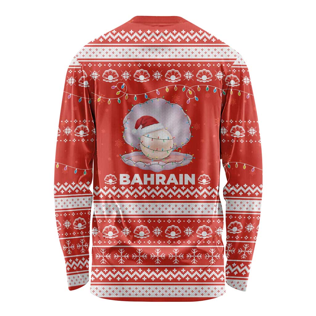 Bahrain Christmas Long Sleeve Shirt with Pearl Shell Design Red Snowflake Pattern and Holiday Lights - Wonder Print Shop