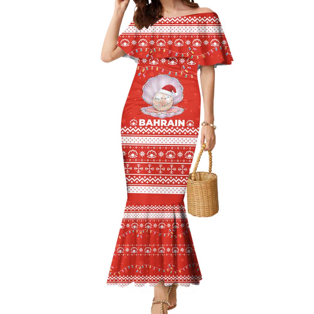 Bahrain Christmas Mermaid Dress with Pearl Shell Design Red Snowflake Pattern and Holiday Lights - Wonder Print Shop