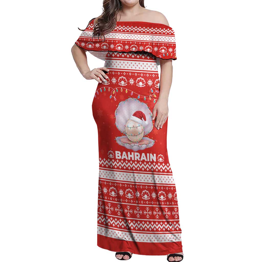 Bahrain Christmas Off Shoulder Maxi Dress with Pearl Shell Design Red Snowflake Pattern and Holiday Lights - Wonder Print Shop