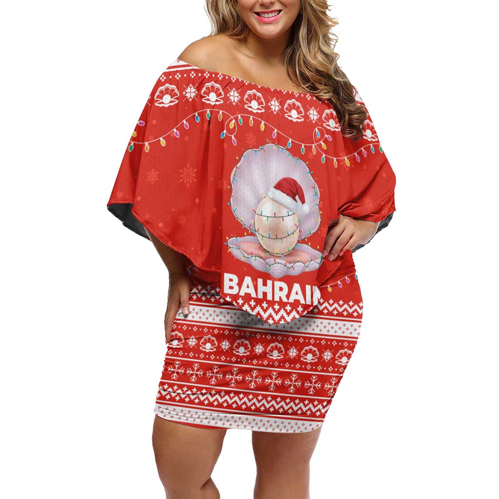 Bahrain Christmas Off Shoulder Short Dress with Pearl Shell Design Red Snowflake Pattern and Holiday Lights - Wonder Print Shop