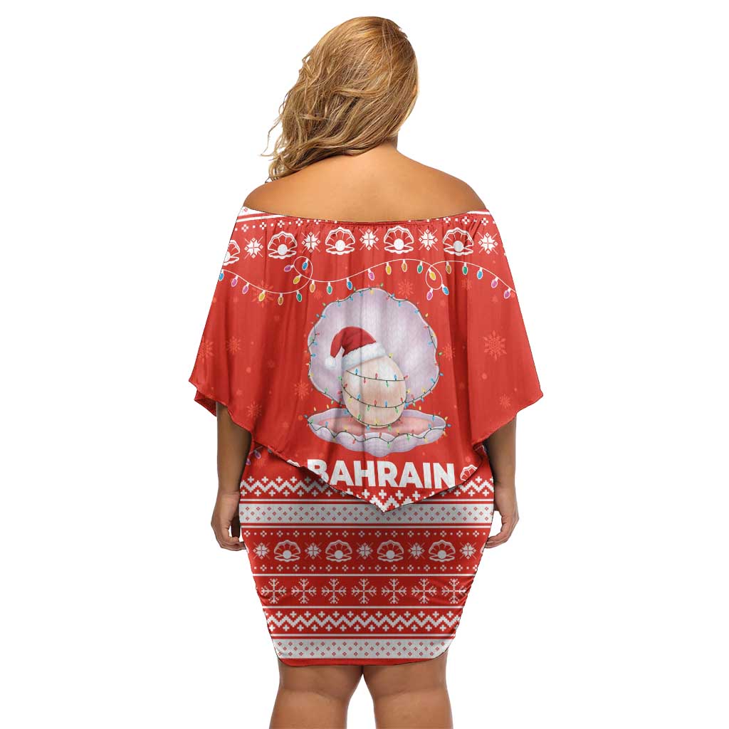 Bahrain Christmas Off Shoulder Short Dress with Pearl Shell Design Red Snowflake Pattern and Holiday Lights - Wonder Print Shop