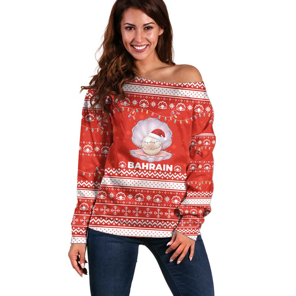 Bahrain Christmas Off Shoulder Sweater with Pearl Shell Design Red Snowflake Pattern and Holiday Lights - Wonder Print Shop