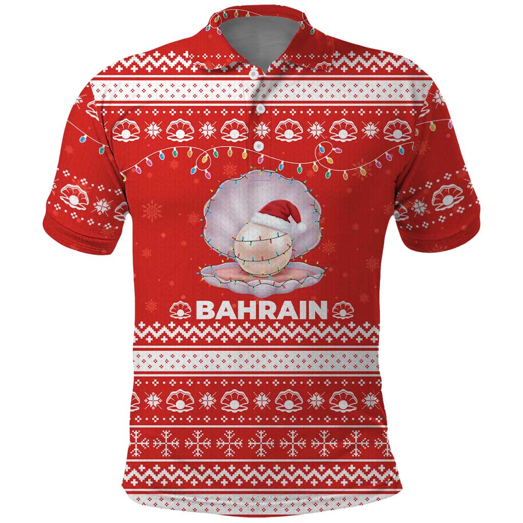 Bahrain Christmas Polo Shirt with Pearl Shell Design Red Snowflake Pattern and Holiday Lights - Wonder Print Shop