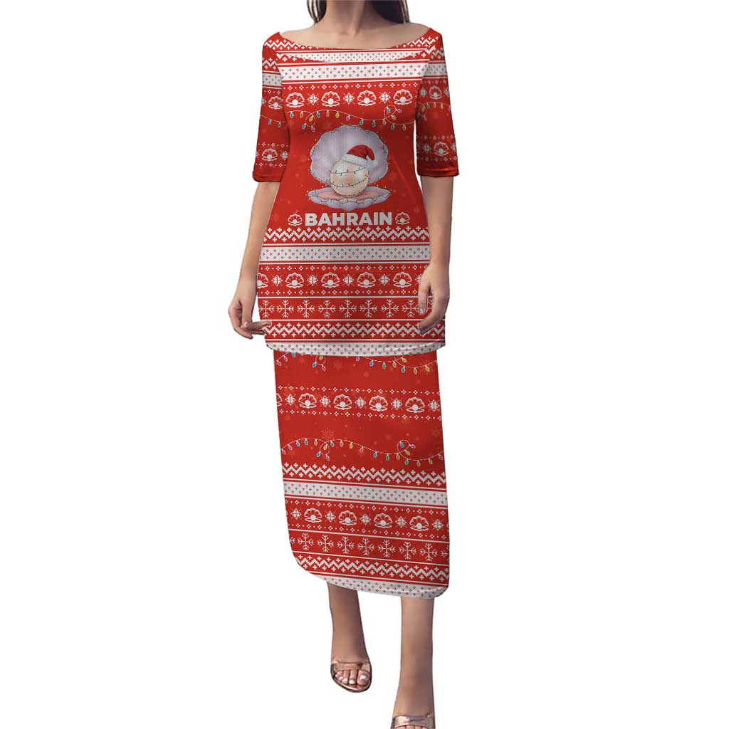 Bahrain Christmas Puletasi with Pearl Shell Design Red Snowflake Pattern and Holiday Lights - Wonder Print Shop
