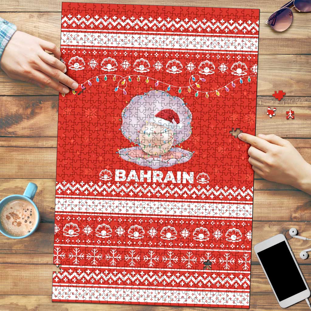 Bahrain Christmas Puzzle with Pearl Shell Design Red Snowflake Pattern and Holiday Lights - Wonder Print Shop