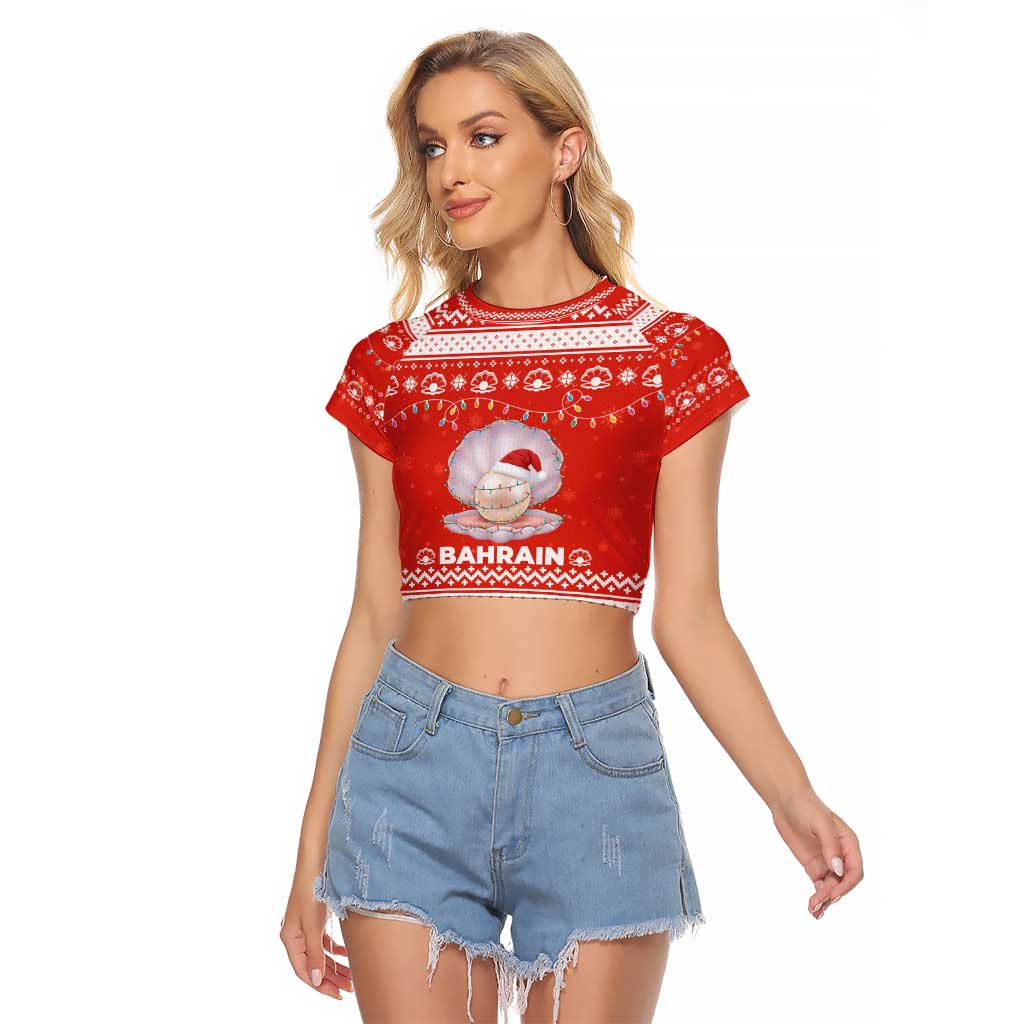 Bahrain Christmas Raglan Cropped T Shirt with Pearl Shell Design Red Snowflake Pattern and Holiday Lights - Wonder Print Shop