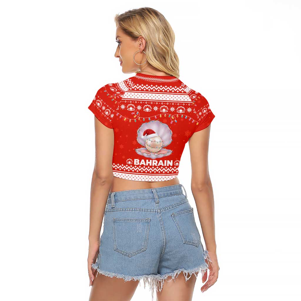 Bahrain Christmas Raglan Cropped T Shirt with Pearl Shell Design Red Snowflake Pattern and Holiday Lights - Wonder Print Shop