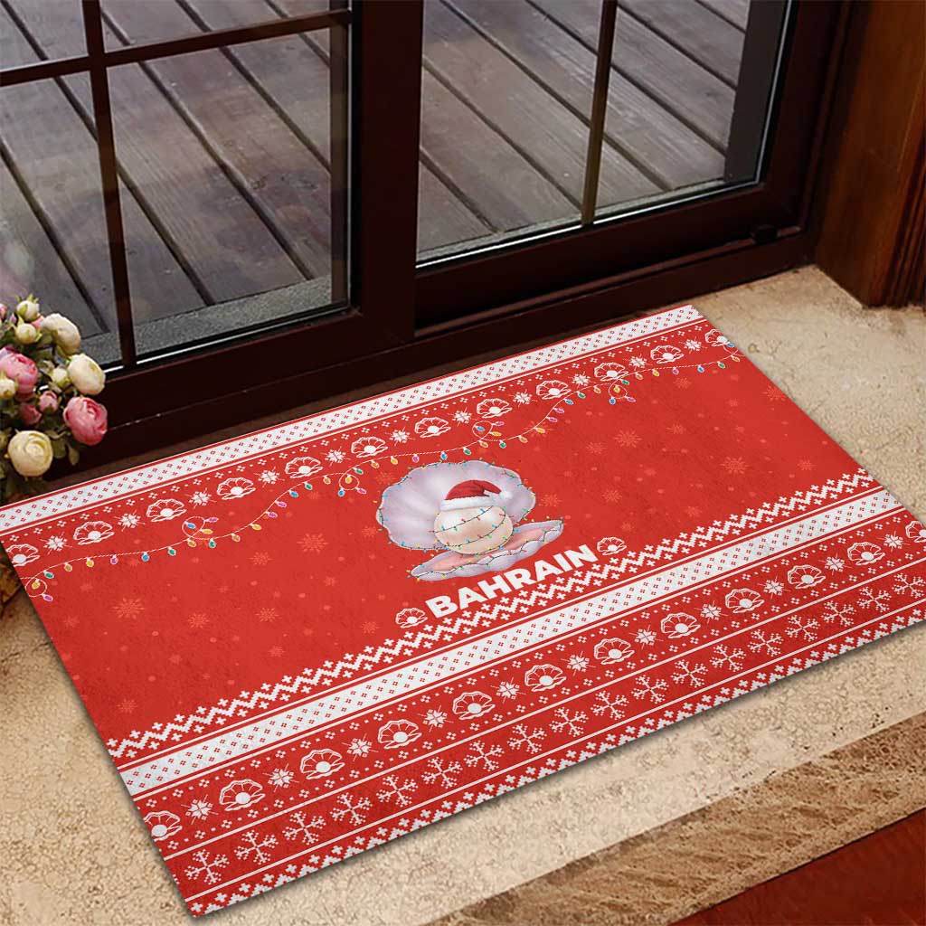 Bahrain Christmas Rubber Doormat with Pearl Shell Design Red Snowflake Pattern and Holiday Lights - Wonder Print Shop