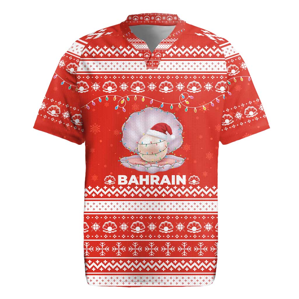 Bahrain Christmas Rugby Jersey with Pearl Shell Design Red Snowflake Pattern and Holiday Lights - Wonder Print Shop