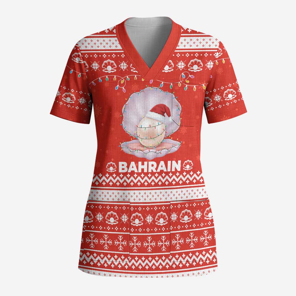Bahrain Christmas Scrub Top with Pearl Shell Design Red Snowflake Pattern and Holiday Lights - Wonder Print Shop