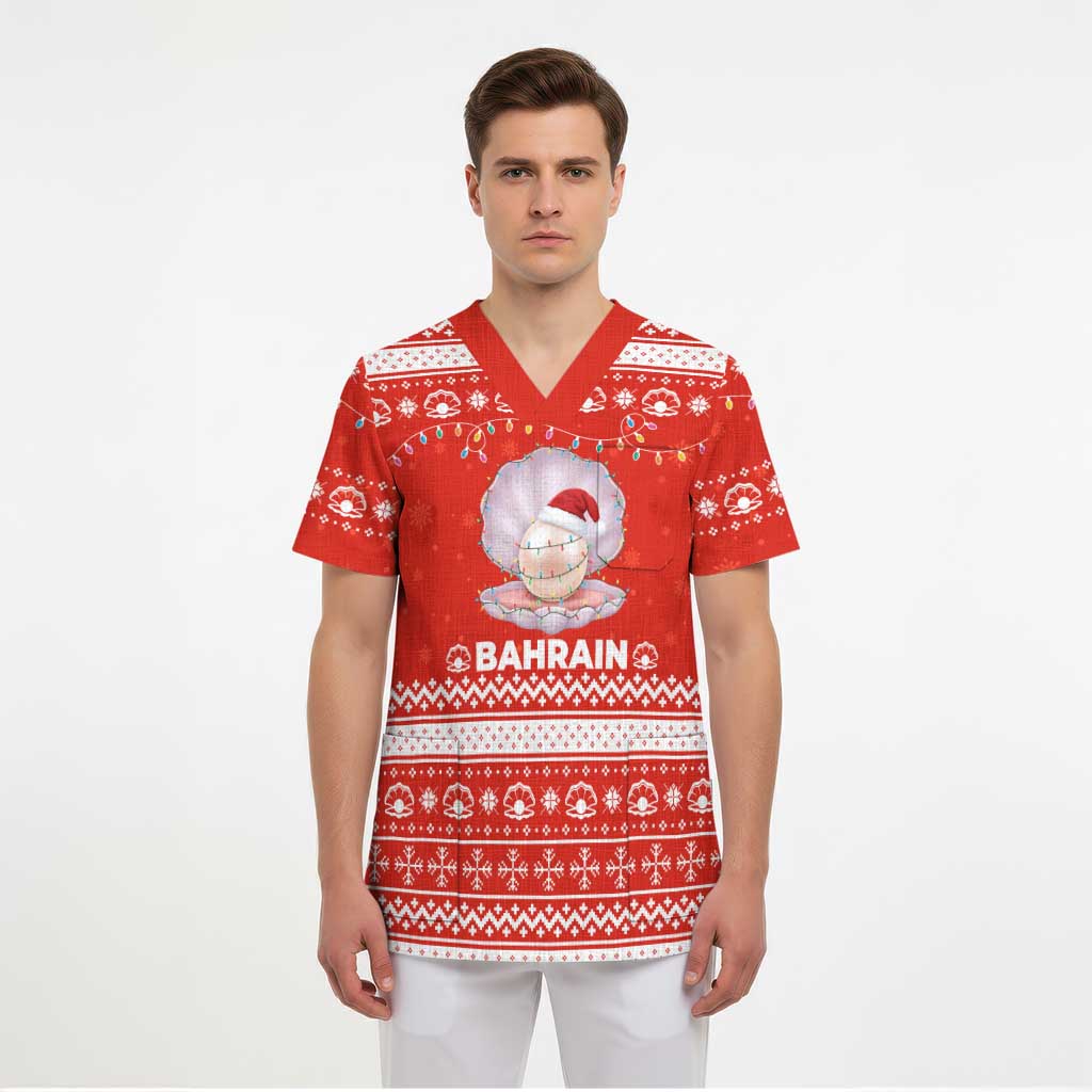 Bahrain Christmas Scrub Top with Pearl Shell Design Red Snowflake Pattern and Holiday Lights - Wonder Print Shop