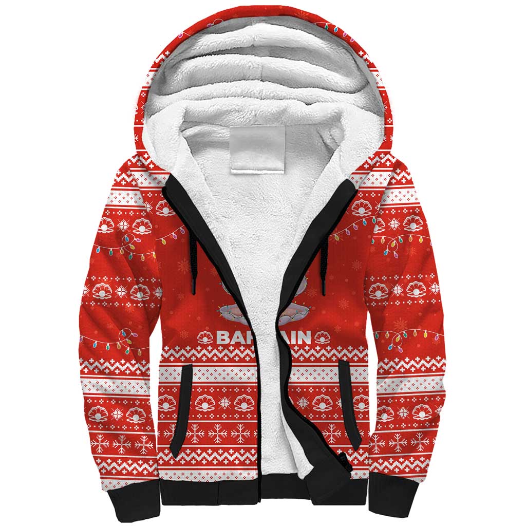 Bahrain Christmas Sherpa Hoodie with Pearl Shell Design Red Snowflake Pattern and Holiday Lights - Wonder Print Shop