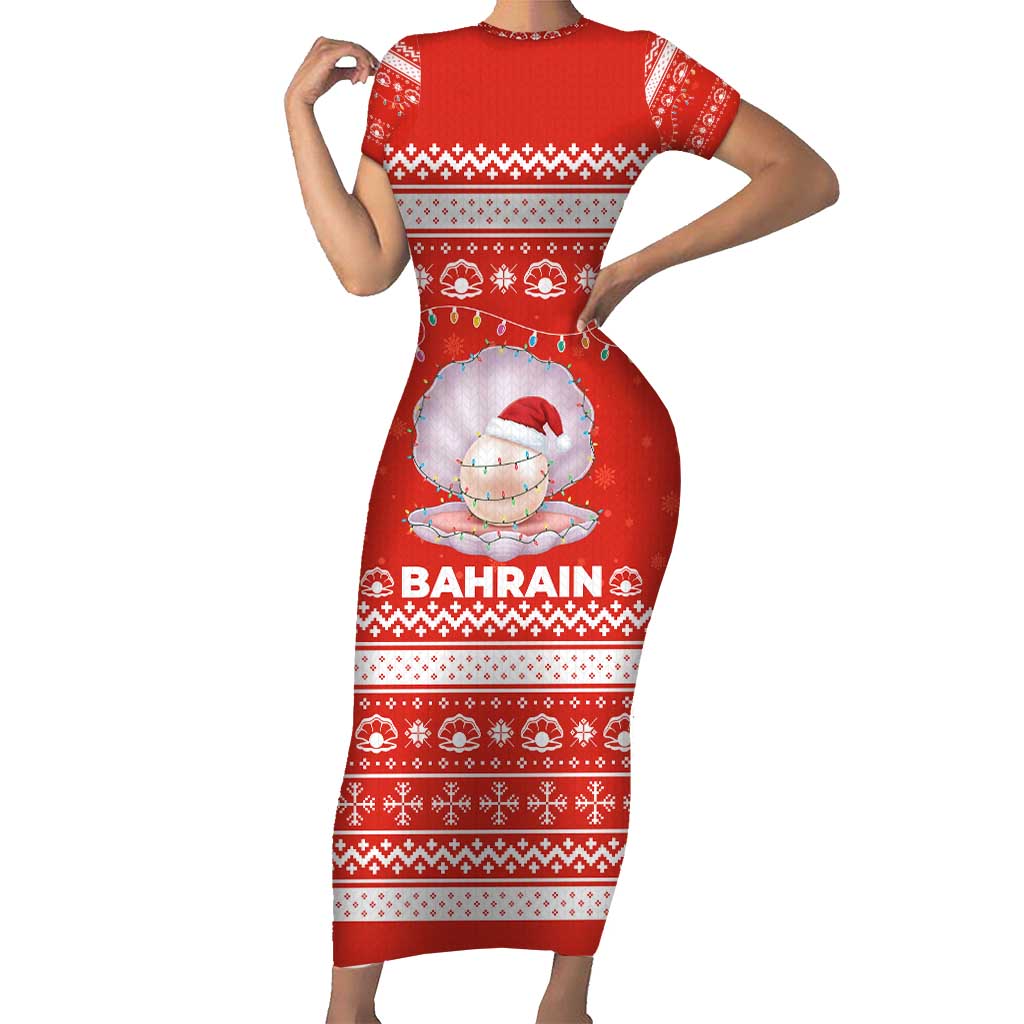 Bahrain Christmas Short Sleeve Bodycon Dress with Pearl Shell Design Red Snowflake Pattern and Holiday Lights - Wonder Print Shop