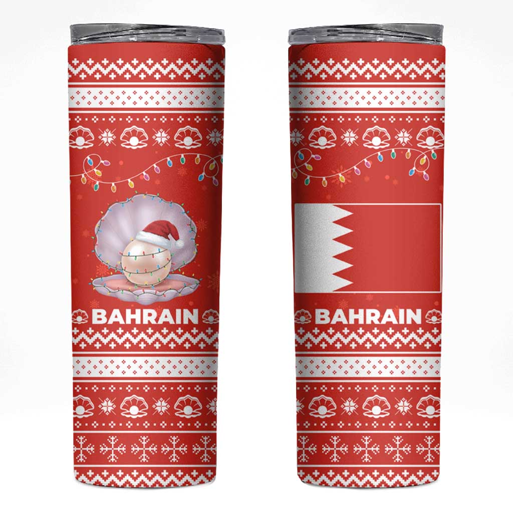 Bahrain Christmas Skinny Tumbler with Pearl Shell Design Red Snowflake Pattern and Holiday Lights - Wonder Print Shop