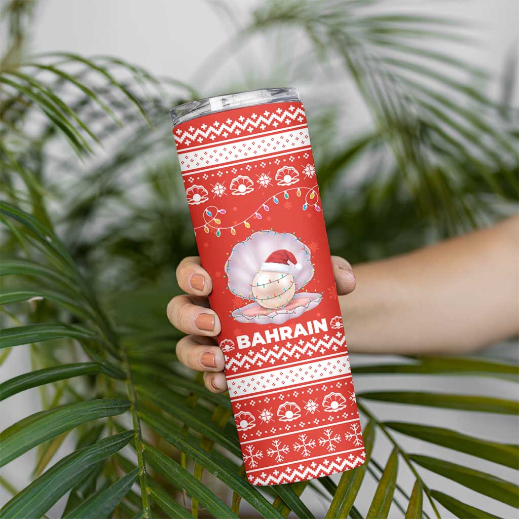 Bahrain Christmas Skinny Tumbler with Pearl Shell Design Red Snowflake Pattern and Holiday Lights - Wonder Print Shop