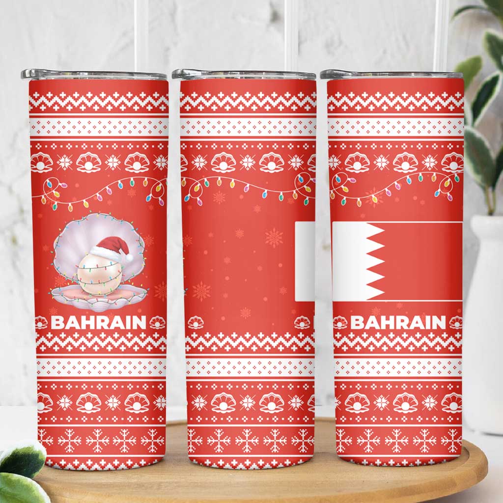 Bahrain Christmas Skinny Tumbler with Pearl Shell Design Red Snowflake Pattern and Holiday Lights - Wonder Print Shop