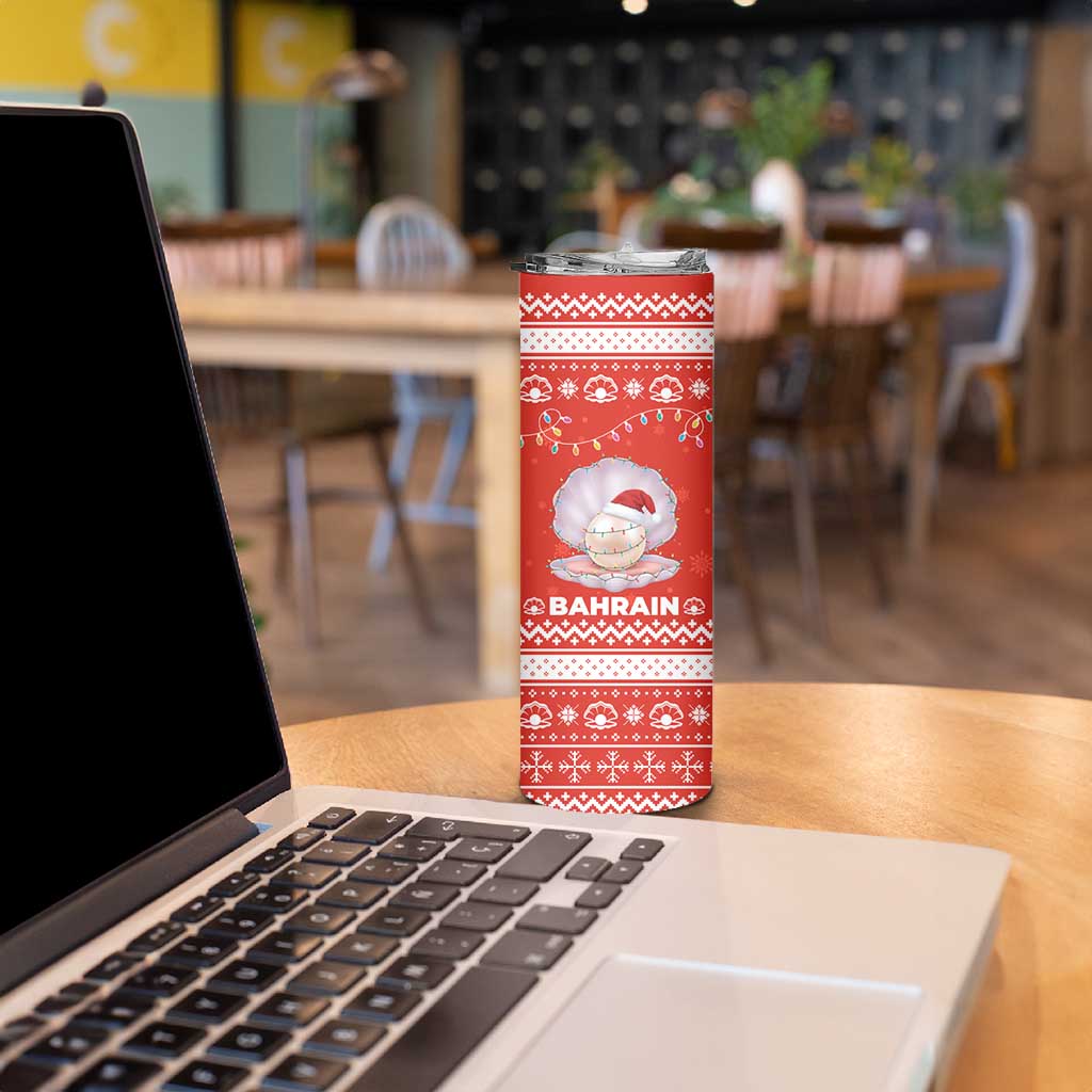 Bahrain Christmas Skinny Tumbler with Pearl Shell Design Red Snowflake Pattern and Holiday Lights - Wonder Print Shop