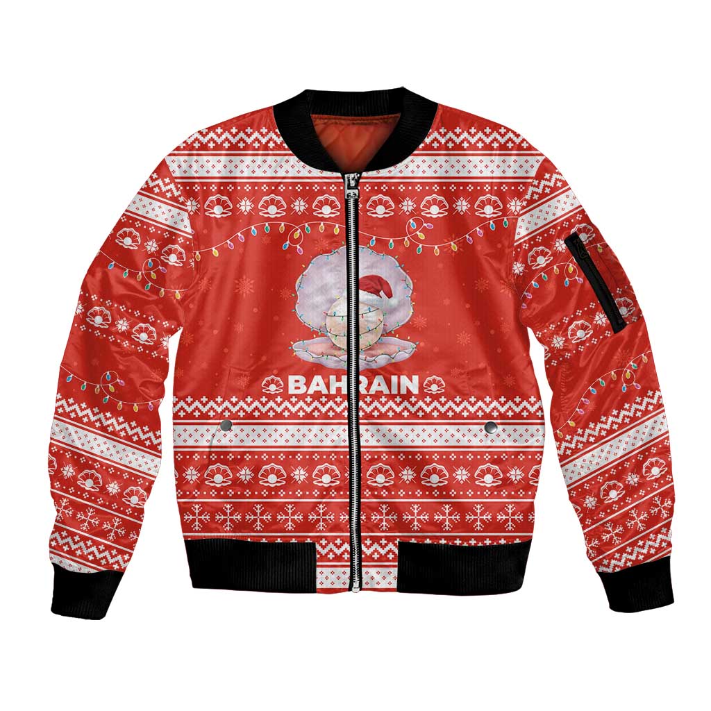 Bahrain Christmas Sleeve Zip Bomber Jacket with Pearl Shell Design Red Snowflake Pattern and Holiday Lights - Wonder Print Shop