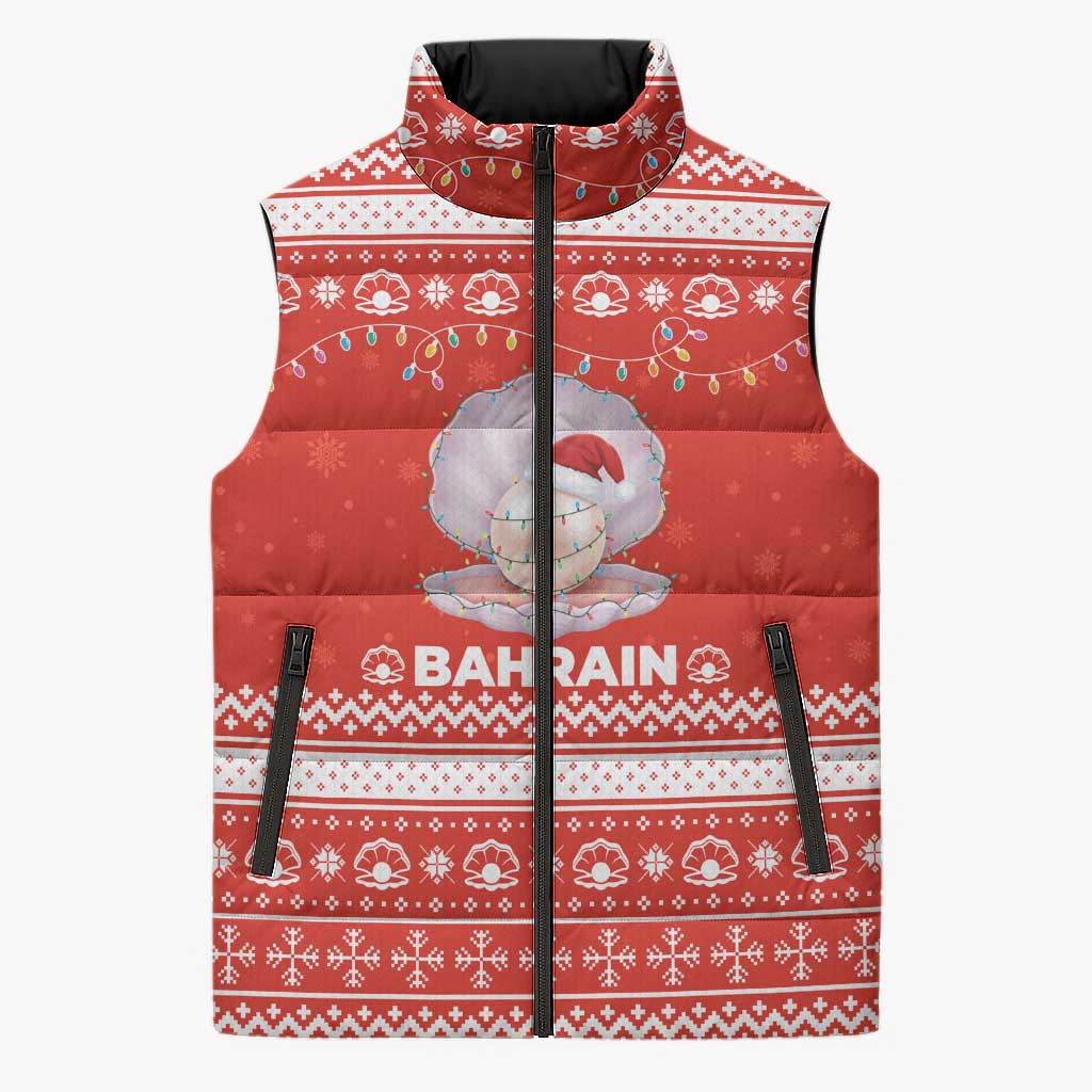 Bahrain Christmas Sleeveless Puffer Jacket with Pearl Shell Design Red Snowflake Pattern and Holiday Lights - Wonder Print Shop