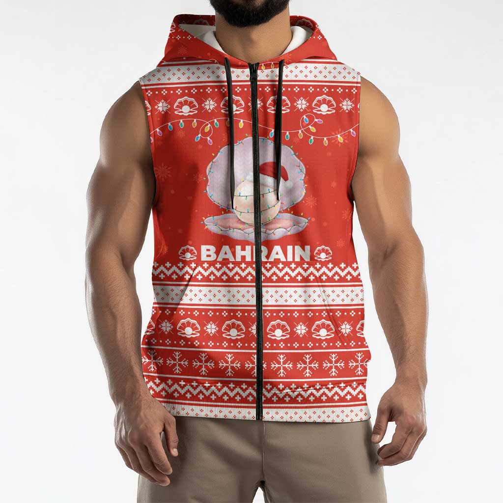 Bahrain Christmas Sleeveless Zip Hoodie with Pearl Shell Design Red Snowflake Pattern and Holiday Lights - Wonder Print Shop