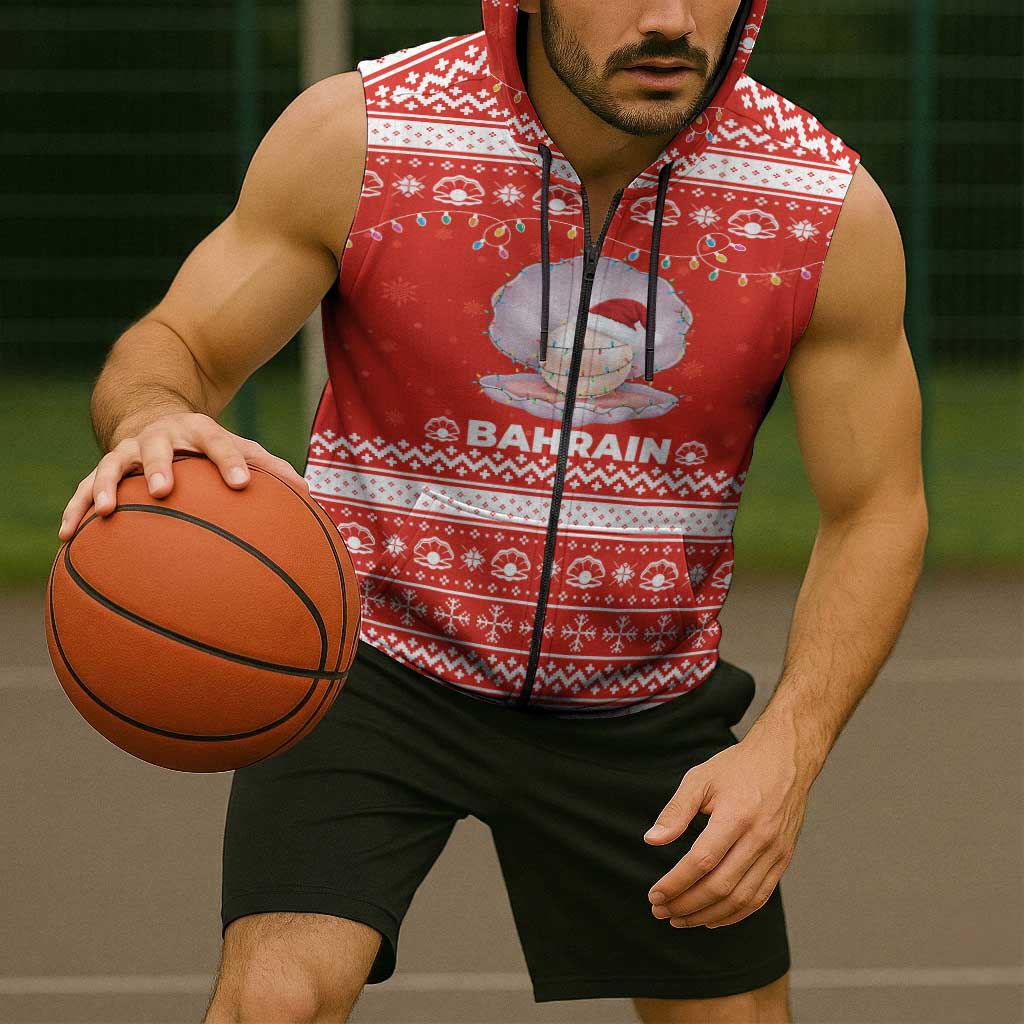 Bahrain Christmas Sleeveless Zip Hoodie with Pearl Shell Design Red Snowflake Pattern and Holiday Lights - Wonder Print Shop