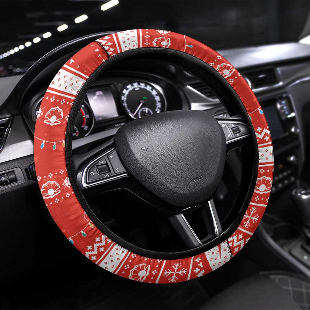Bahrain Christmas Steering Wheel Cover with Pearl Shell Design Red Snowflake Pattern and Holiday Lights - Wonder Print Shop